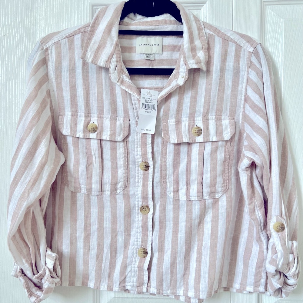 American Eagle Outfitters Striped Cropped Button Up Shirt NWT Size XS